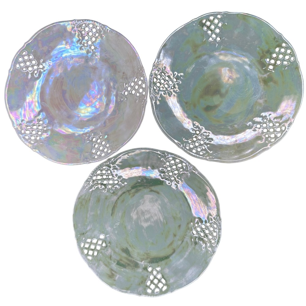 Schumann Dresden Iridescent Green Reticulated Porcelain Plates Set of 3 Vintage